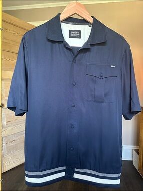 Scotch & Soda Navy Short-Sleeve Button Jacket with Contrast Hem